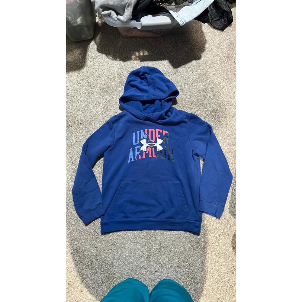 UnderArmour Girls Blue W/ Vinyl Logo Loose Style Hoodie size YS, EUC